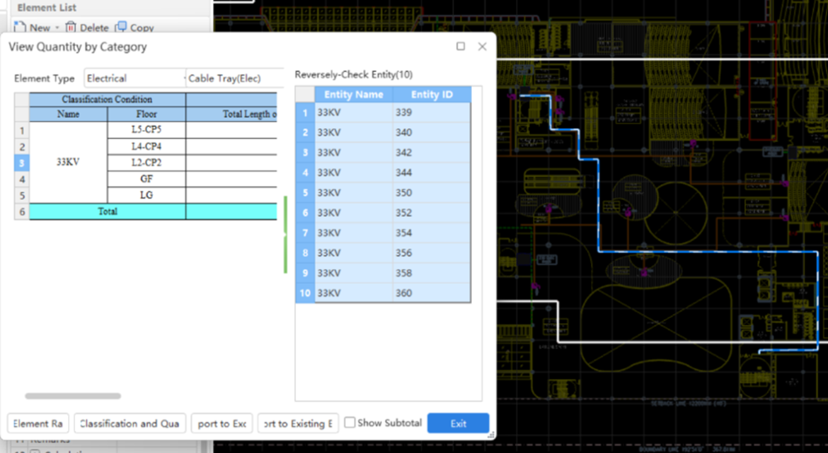 Cubicost TME interface showing the Reversely-Check Entity function, where electrical cable tray quantities are listed by category and linked back to their exact locations in the drawing, enabling traceable and verifiable quantity take-off.